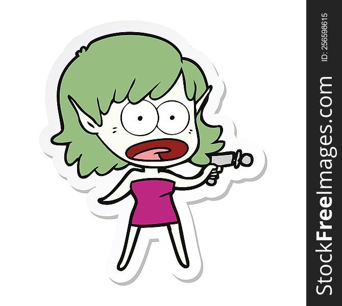 sticker of a cartoon shocked alien girl with ray gun