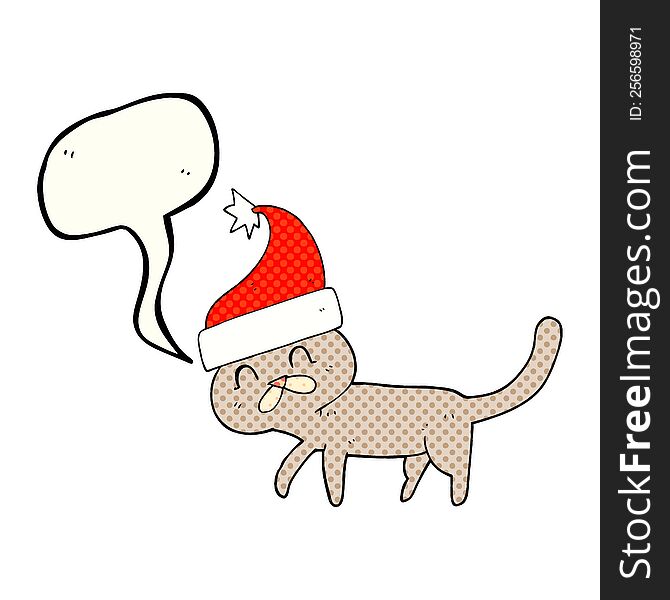 freehand drawn comic book speech bubble cartoon cat wearing christmas hat