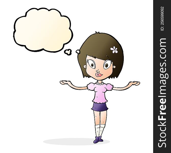 Cartoon Woman Making Balancing Gesture With Thought Bubble