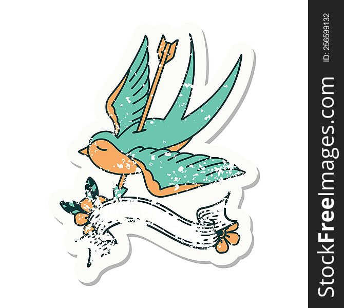 Grunge Sticker With Banner Of A Swallow Shot Through With Arrow