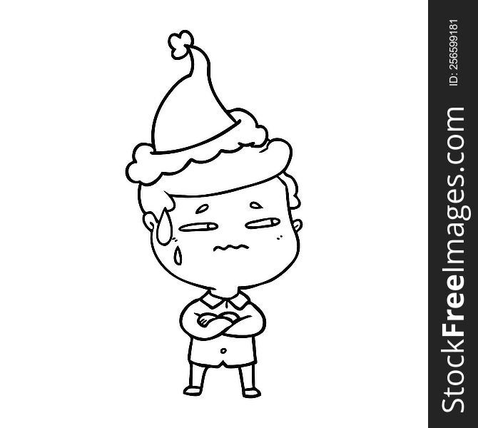 line drawing of a anxious man wearing santa hat