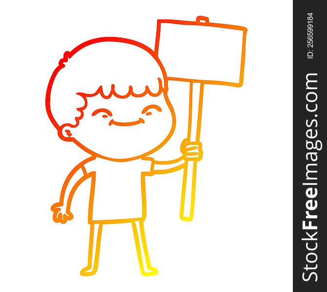 warm gradient line drawing of a cartoon smiling boy with placard