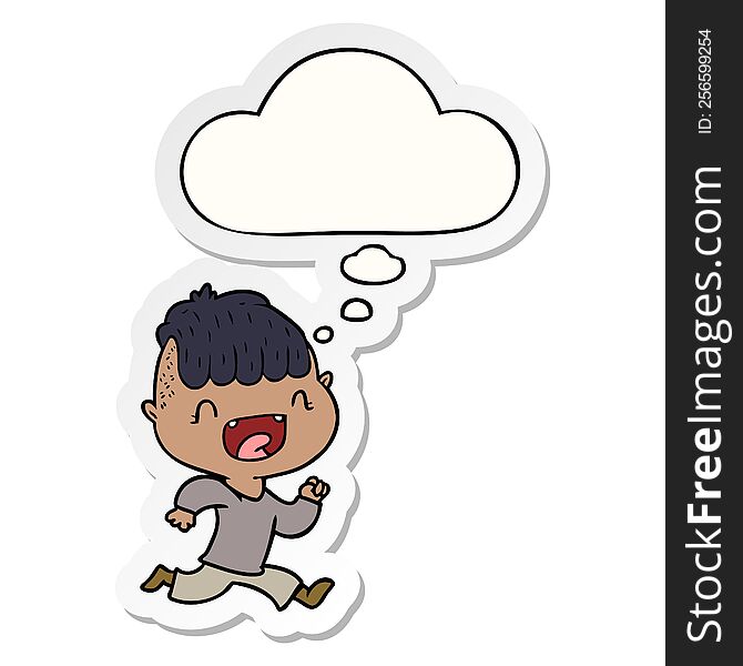 cartoon happy boy laughing and running away with thought bubble as a printed sticker