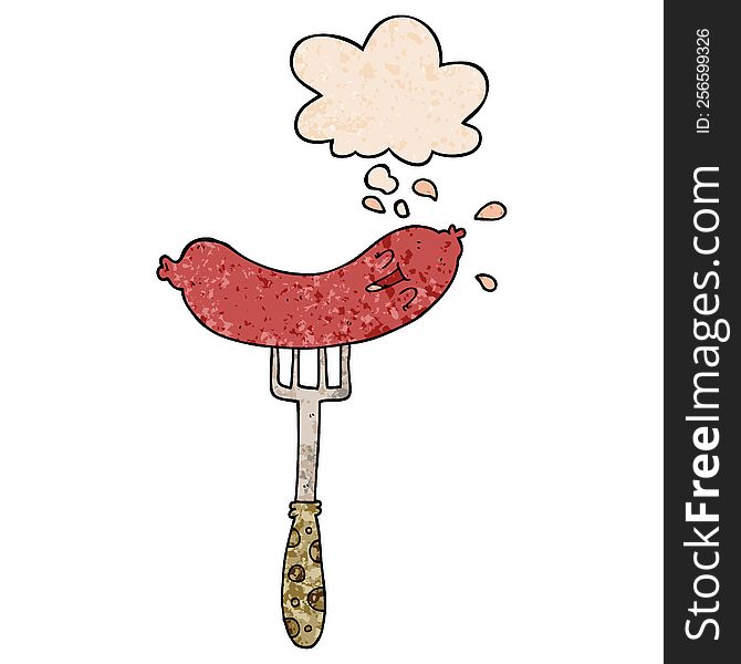 cartoon happy sausage on fork with thought bubble in grunge texture style. cartoon happy sausage on fork with thought bubble in grunge texture style