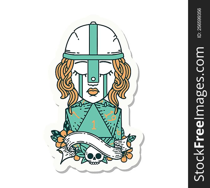 Crying Human Fighter With Natural One D20 Dice Roll Sticker