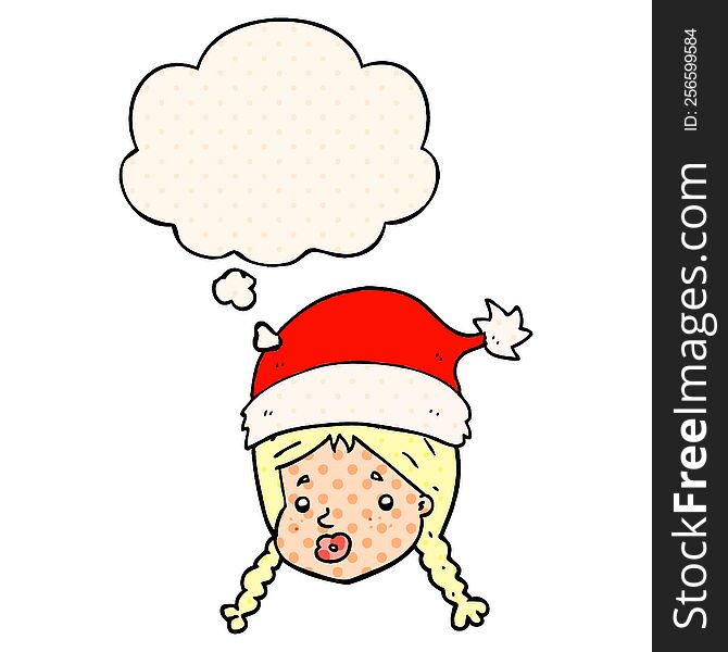 Cartoon Girl Wearing Christmas Hat And Thought Bubble In Comic Book Style