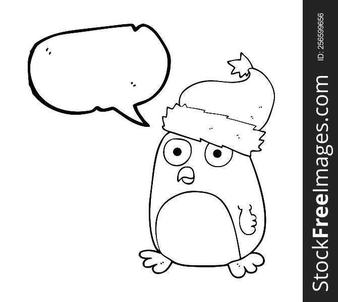 freehand drawn speech bubble cartoon penguin in christmas hat