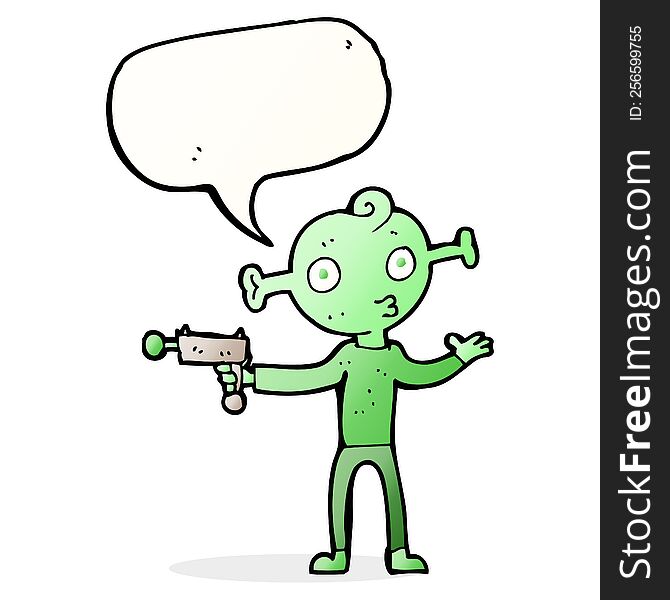 cartoon alien with ray gun with speech bubble