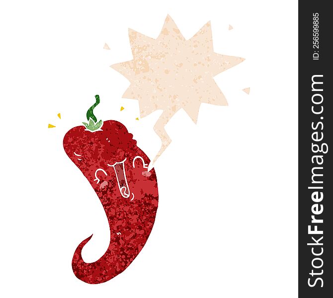 cartoon chili pepper with speech bubble in grunge distressed retro textured style. cartoon chili pepper with speech bubble in grunge distressed retro textured style