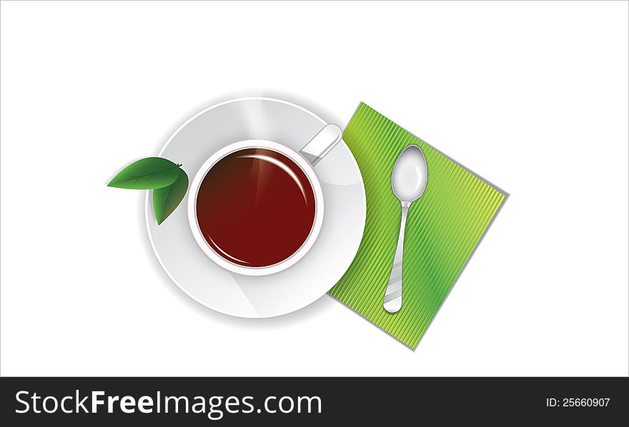 Cup of tea with green leaves and a spoon on a napkin