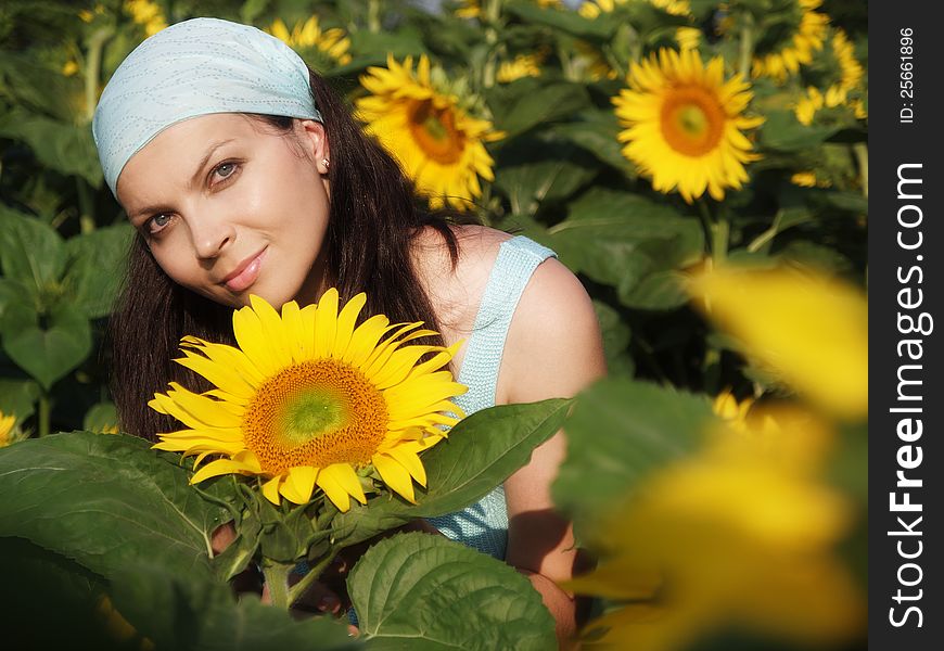 Young nice woman and sunflower field. Young nice woman and sunflower field