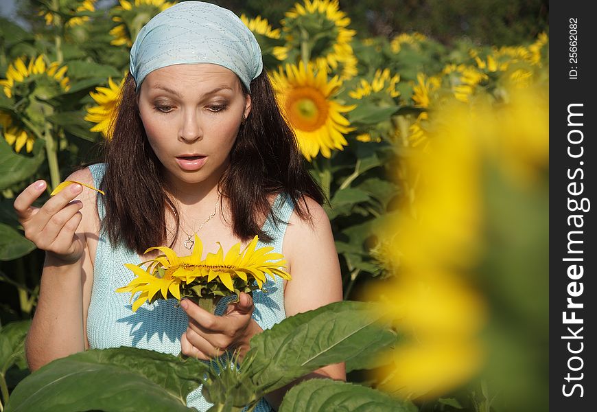 Young nice woman and sunflower field. Young nice woman and sunflower field