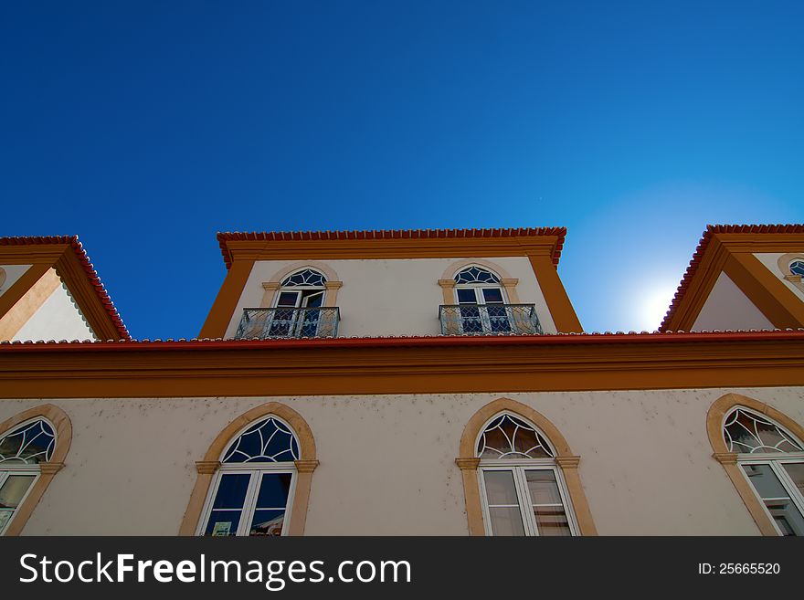 Decorative house facade in northern Portugal with a clear and sunny sky