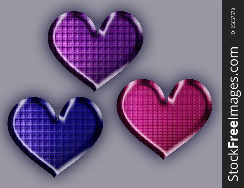 Computer illustration of three coloured 3d hearts with chocolate texture. Computer illustration of three coloured 3d hearts with chocolate texture