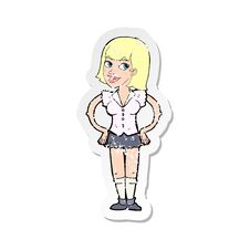 Retro Distressed Sticker Of A Cartoon Woman With Hands On Hips Stock Image