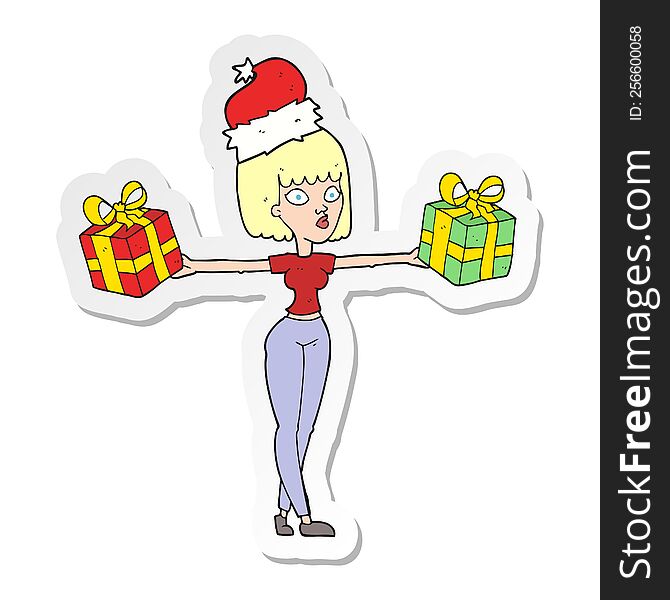 sticker of a cartoon woman with xmas presents