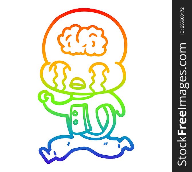 Rainbow Gradient Line Drawing Cartoon Big Brain Alien Crying Running
