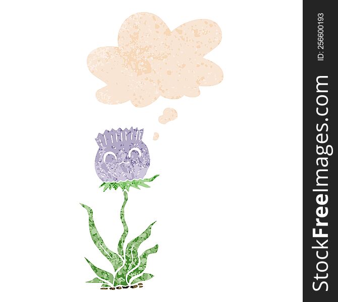 Cartoon Thistle And Thought Bubble In Retro Textured Style