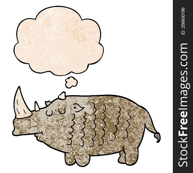 Cartoon Rhinoceros And Thought Bubble In Grunge Texture Pattern Style