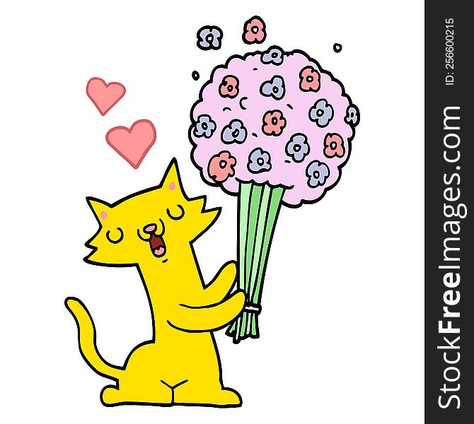 cartoon cat in love with flowers