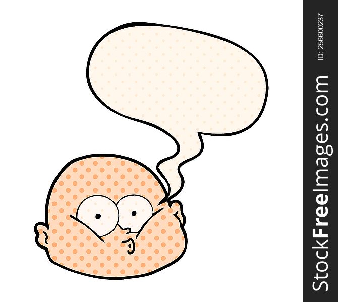 cartoon curious bald man with speech bubble in comic book style