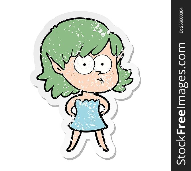 Distressed Sticker Of A Cartoon Elf Girl In Dress