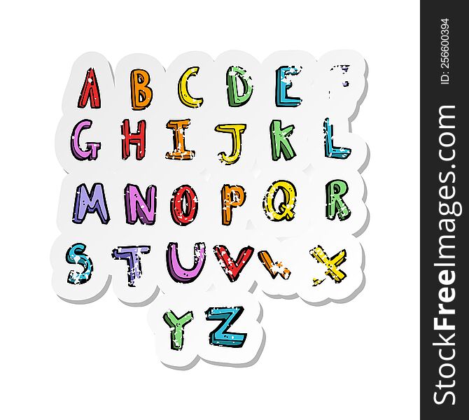 retro distressed sticker of a cartoon alphabet