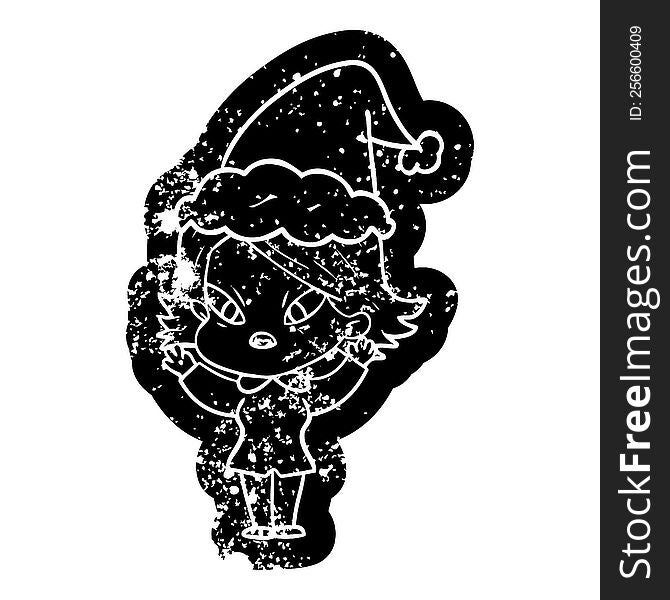 quirky cartoon distressed icon of a stressed woman wearing santa hat