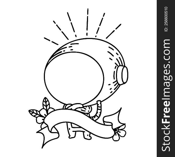 scroll banner with black line work tattoo style astronaut