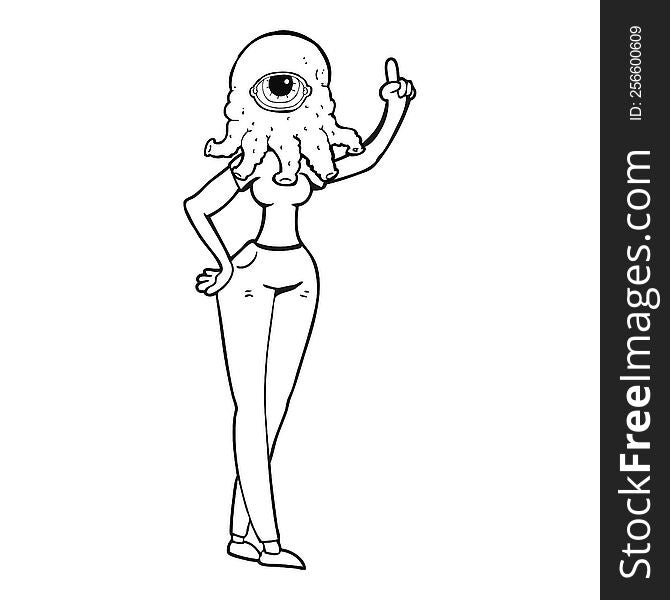 black and white cartoon female alien with raised hand