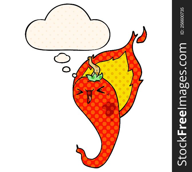 cartoon flaming hot chili pepper with thought bubble in comic book style