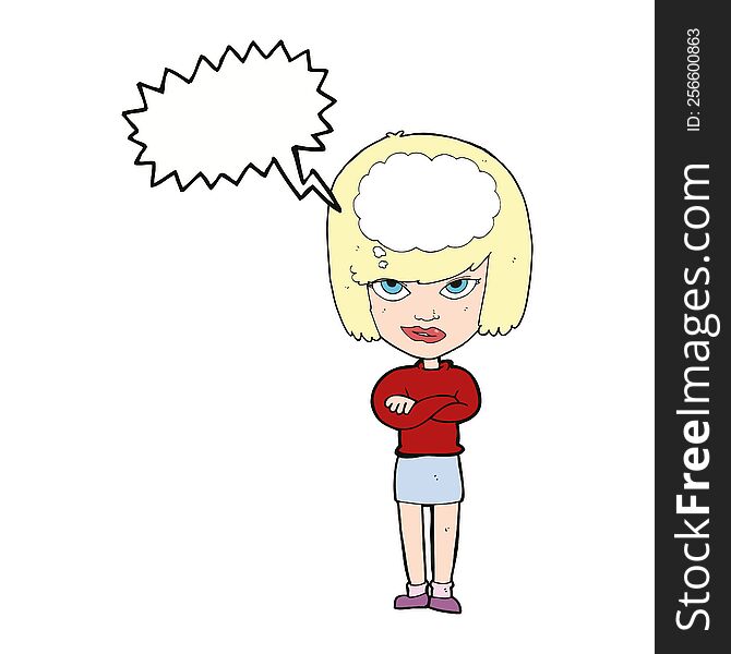 cartoon woman with folded arms imagining with speech bubble