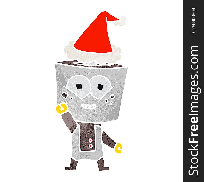 happy retro cartoon of a robot waving hello wearing santa hat