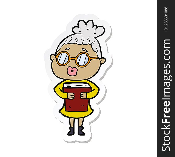 sticker of a cartoon woman with book wearing spectacles
