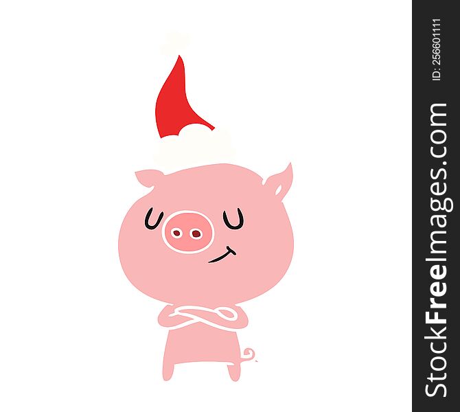 happy hand drawn flat color illustration of a pig wearing santa hat. happy hand drawn flat color illustration of a pig wearing santa hat
