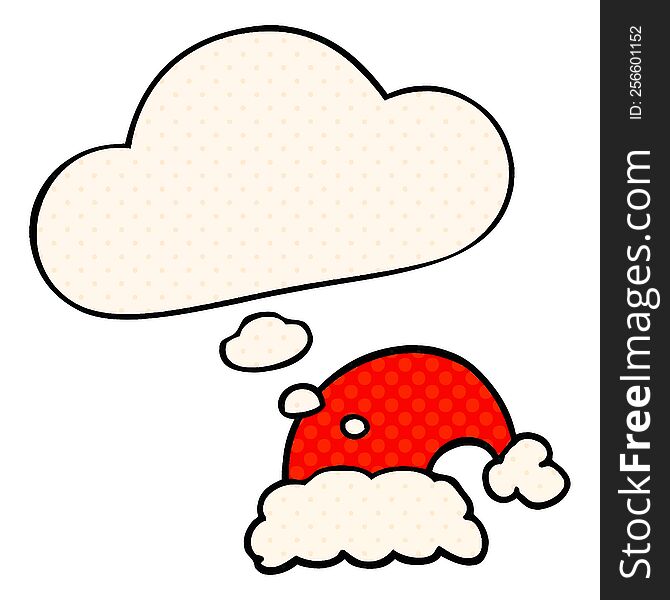 Cartoon Christmas Hat And Thought Bubble In Comic Book Style