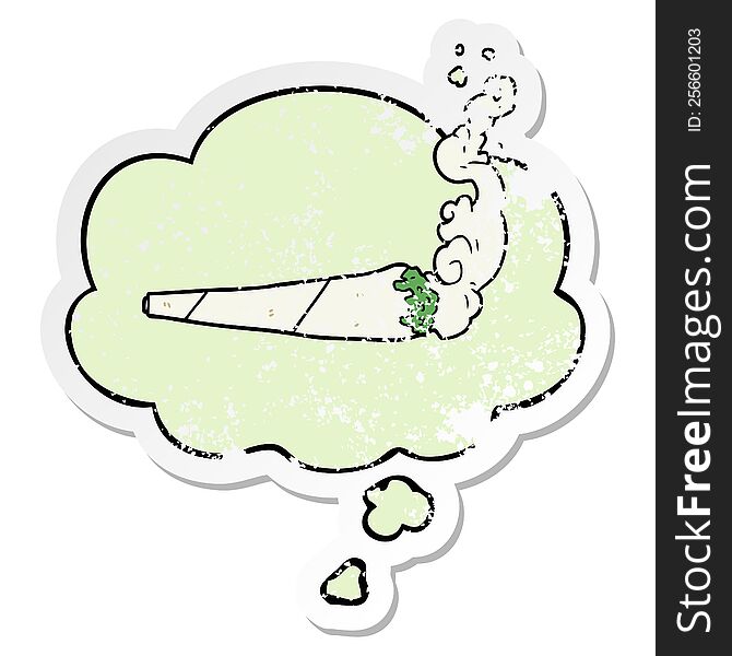 cartoon marijuana joint with thought bubble as a distressed worn sticker