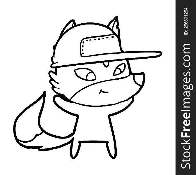 friendly cartoon wolf wearing trucker cap. friendly cartoon wolf wearing trucker cap
