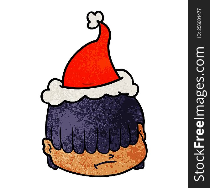 hand drawn textured cartoon of a face with hair over eyes wearing santa hat