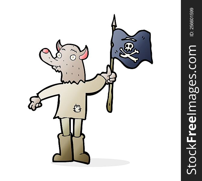 Cartoon Wolf Man Waving Pirate Flag