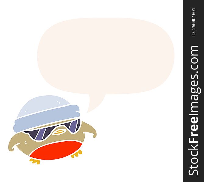 Cool Christmas Robin Cartoon And Sunglasses And Speech Bubble In Retro Style