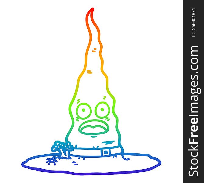 rainbow gradient line drawing of a cartoon witchs hat
