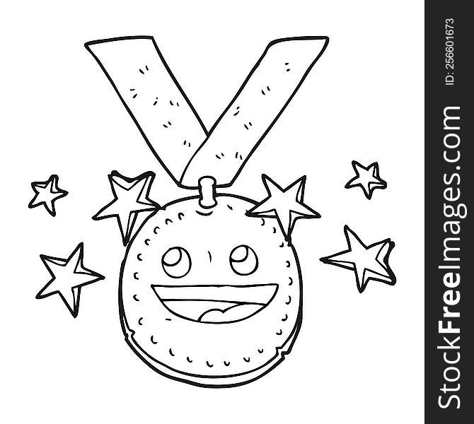 freehand drawn black and white cartoon happy sports medal