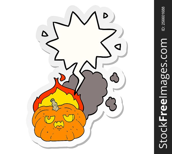 Cartoon Flaming Halloween Pumpkin And Speech Bubble Sticker