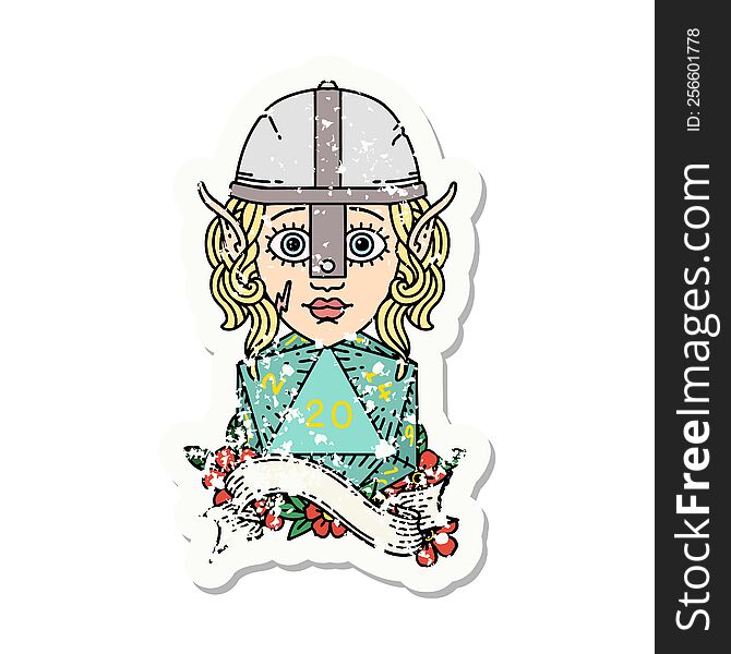 Elf Fighter Character With Natural Twenty Dice Roll Grunge Sticker