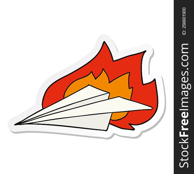 sticker of a cartoon burning paper airplane