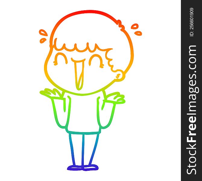Rainbow Gradient Line Drawing Laughing Cartoon Man Shrugging Shoulders