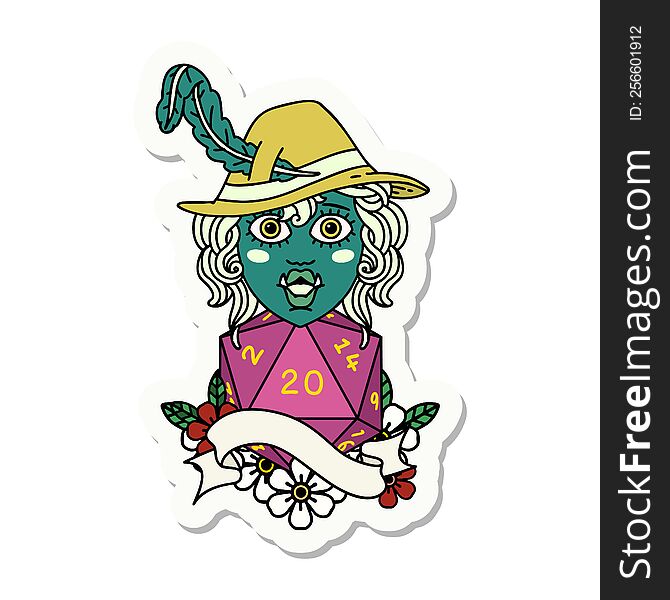 sticker of a singing half orc bard character with natural twenty dice roll. sticker of a singing half orc bard character with natural twenty dice roll