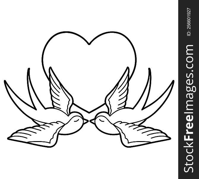 tattoo in black line style of swallows and a heart. tattoo in black line style of swallows and a heart