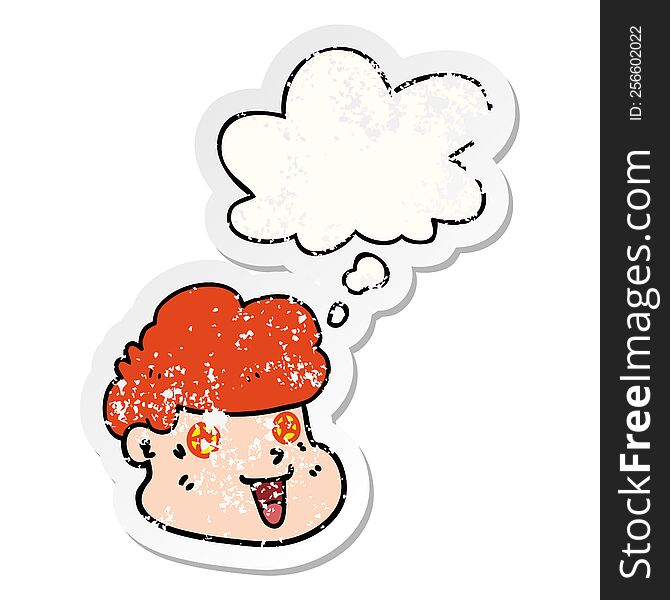 Cartoon Boy S Face And Thought Bubble As A Distressed Worn Sticker